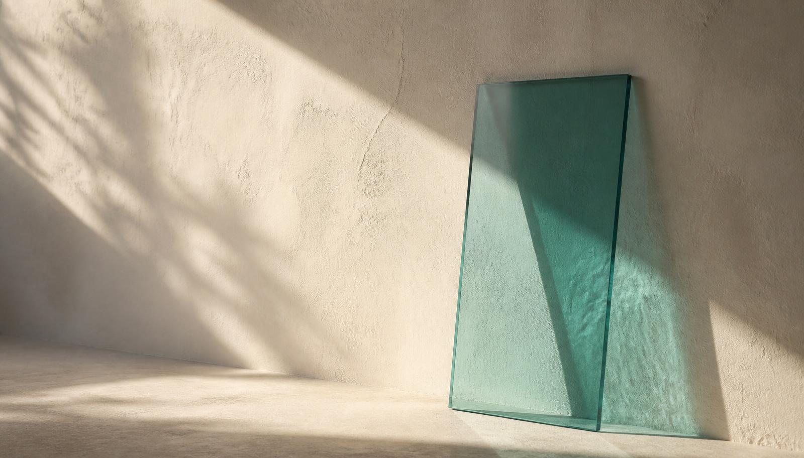 Raking studio light and a teal glass panel against a textured plaster wall